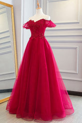 Red Prom Dress Tulle Lace Formal Gown Evening Dress