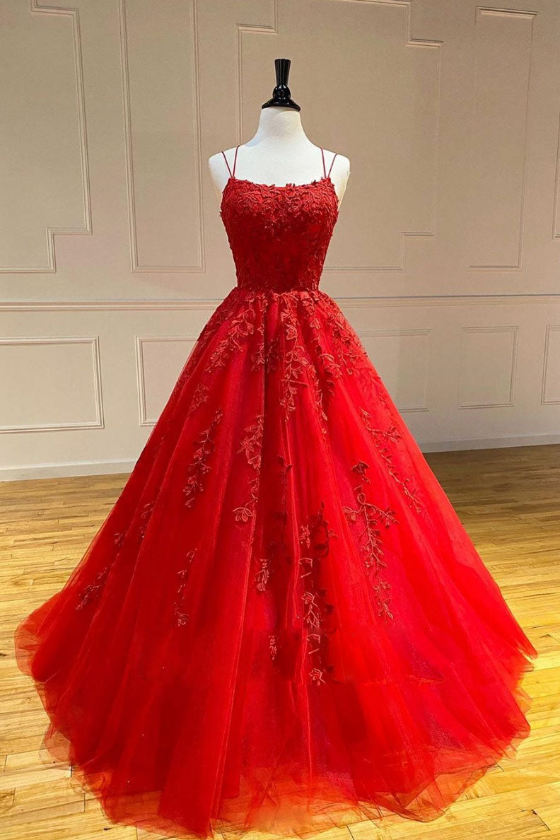 Red Prom Dress Tulle Lace Long Formal Gown Evening Dress