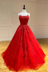 Red Prom Dress Tulle Lace Long Formal Gown Evening Dress