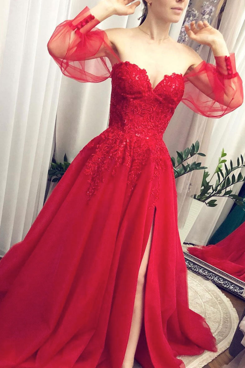 Red Prom Dress Tulle Lace Long Formal Gown Evening Dress