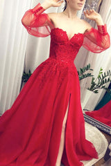 Red Prom Dress Tulle Lace Long Formal Gown Evening Dress