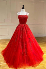 Red Prom Dress Tulle Lace Long Formal Gown Evening Dress