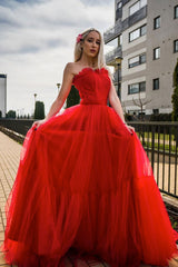 Red Prom Dress Tulle Long Formal Gown Evening Dress