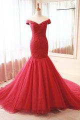 Red Prom Dress Tulle Mermaid Long Formal Evening Dress