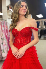 Red Prom Dress Tulle Off the shoulder Ruffle Tiered Long Evening Dress