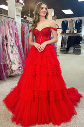 Red Prom Dress Tulle Off the shoulder Ruffle Tiered Long Evening Dress
