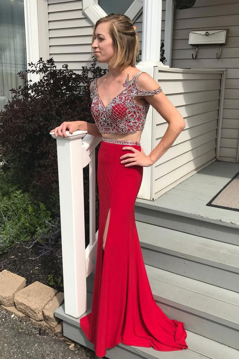 Red Prom Dress Two Piece Beaded Long Formal Gown Evening Dress