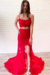 Red Prom Dress Two Piece Lace Long Evening Dress