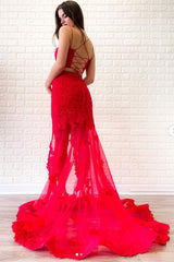 Red Prom Dress Two Piece Lace Long Evening Dress