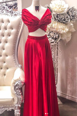 Red Prom Dress Two Piece Satin Long Evening Dress