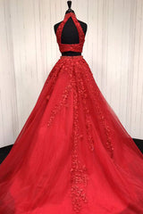 Red Prom Dress Two Piece Tulle Lace Appliques Long Evening Dress