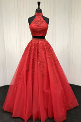 Red Prom Dress Two Piece Tulle Lace Appliques Long Evening Dress