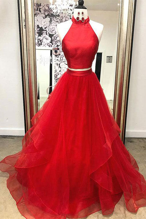 Red Prom Dress Two Piece Tulle Long Evening Dress
