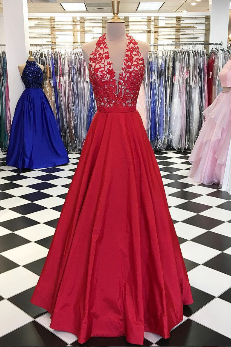 Red Prom Dress V Neck Lace Appliques Long Evening Dress