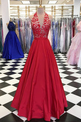 Red Prom Dress V Neck Lace Appliques Long Evening Dress