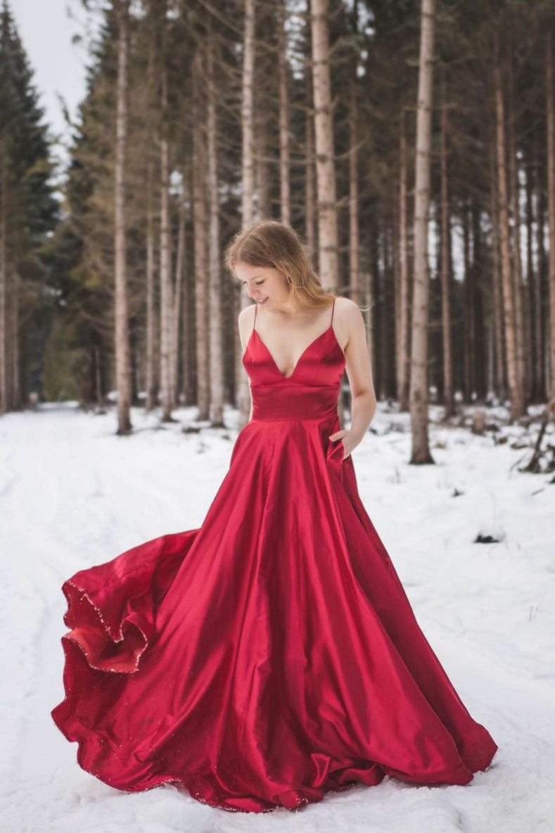 Red Prom Dress V Neck Satin Long Bridesmaid Gown Evening Dress