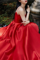 Red Prom Dress V Neck Satin Long Evening Dress
