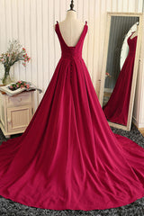 Red Prom Dress V Neck Satin Long Evening Dress