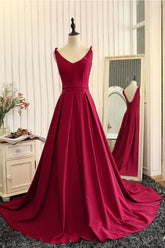 Red Prom Dress V Neck Satin Long Evening Dress