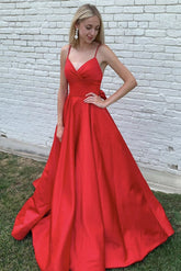 Red Prom Dress V Neck Satin Long Evening Dress