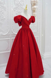 Red Prom Dress V Neck Satin Long Evening Dress