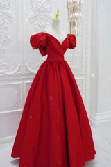 Red Prom Dress V Neck Satin Long Evening Dress