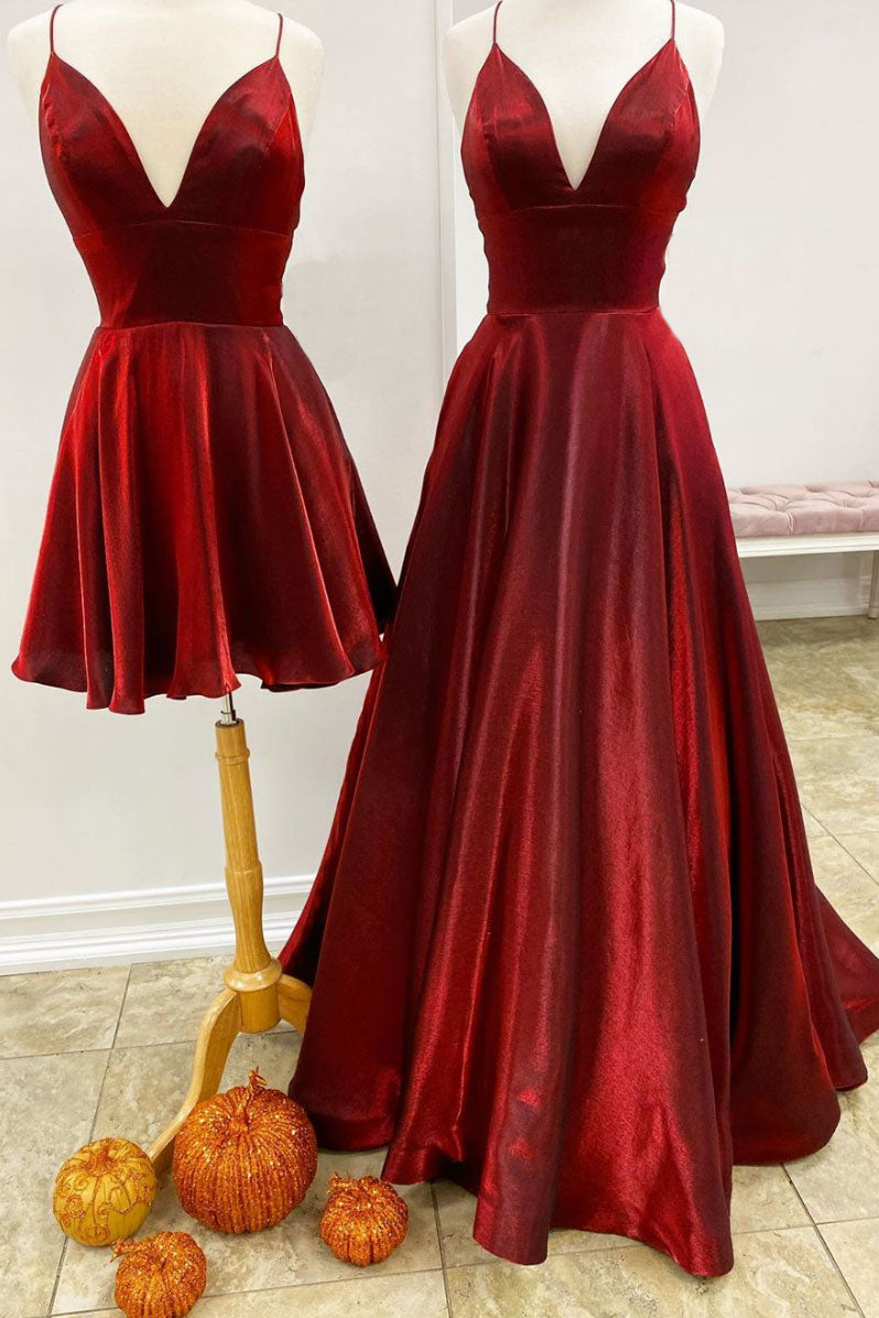 Red Prom Dress V Neck Satin Long Evening Gown Evening Dress