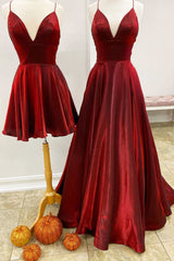 Red Prom Dress V Neck Satin Long Evening Gown Evening Dress