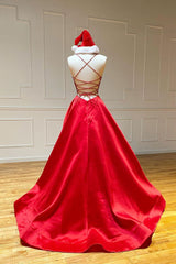 Red Prom Dress V Neck Satin Long Formal Evening Dress