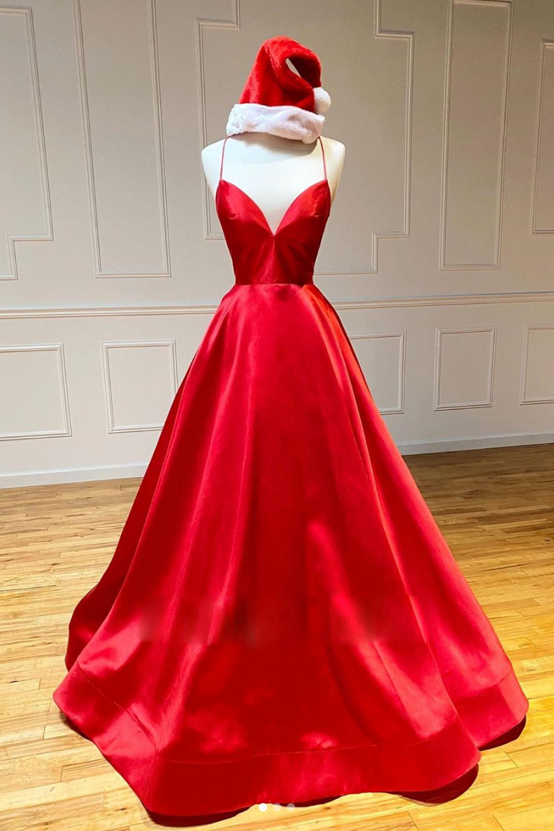 Red Prom Dress V Neck Satin Long Formal Evening Dress