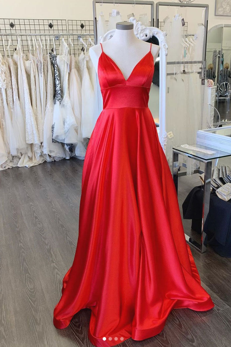 Red Prom Dress V Neck Satin Long Formal Evening Dress