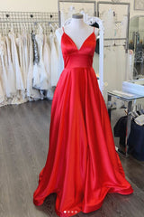 Red Prom Dress V Neck Satin Long Formal Evening Dress