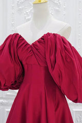 Red Prom Dress V Neck Satin Long Puff Sleeves Formal Dress Evening Dress