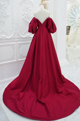 Red Prom Dress V Neck Satin Long Puff Sleeves Formal Dress Evening Dress
