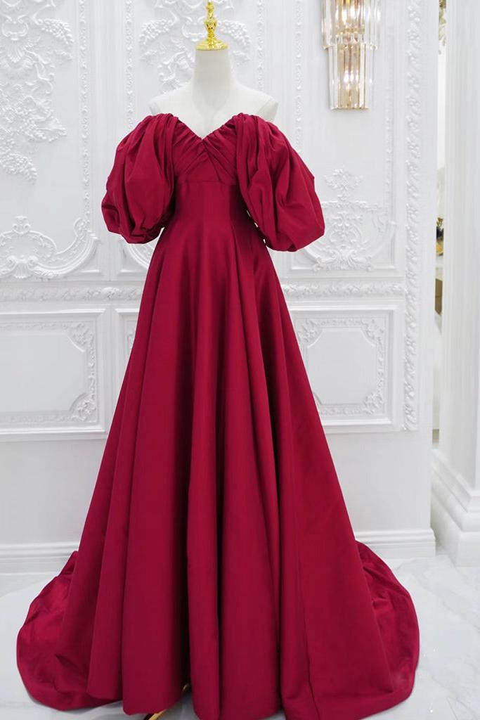 Red Prom Dress V Neck Satin Long Puff Sleeves Formal Dress Evening Dress
