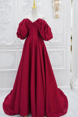 Red Prom Dress V Neck Satin Long Puff Sleeves Formal Dress Evening Dress