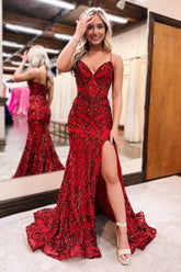 Red Prom Dress V Neck Sequin Lace Mermaid Evening Dress with Split