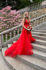 Red Prom Dress V Neck Tulle Lace Long Evening Dress