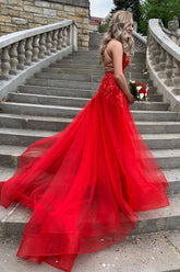 Red Prom Dress V Neck Tulle Lace Long Evening Dress