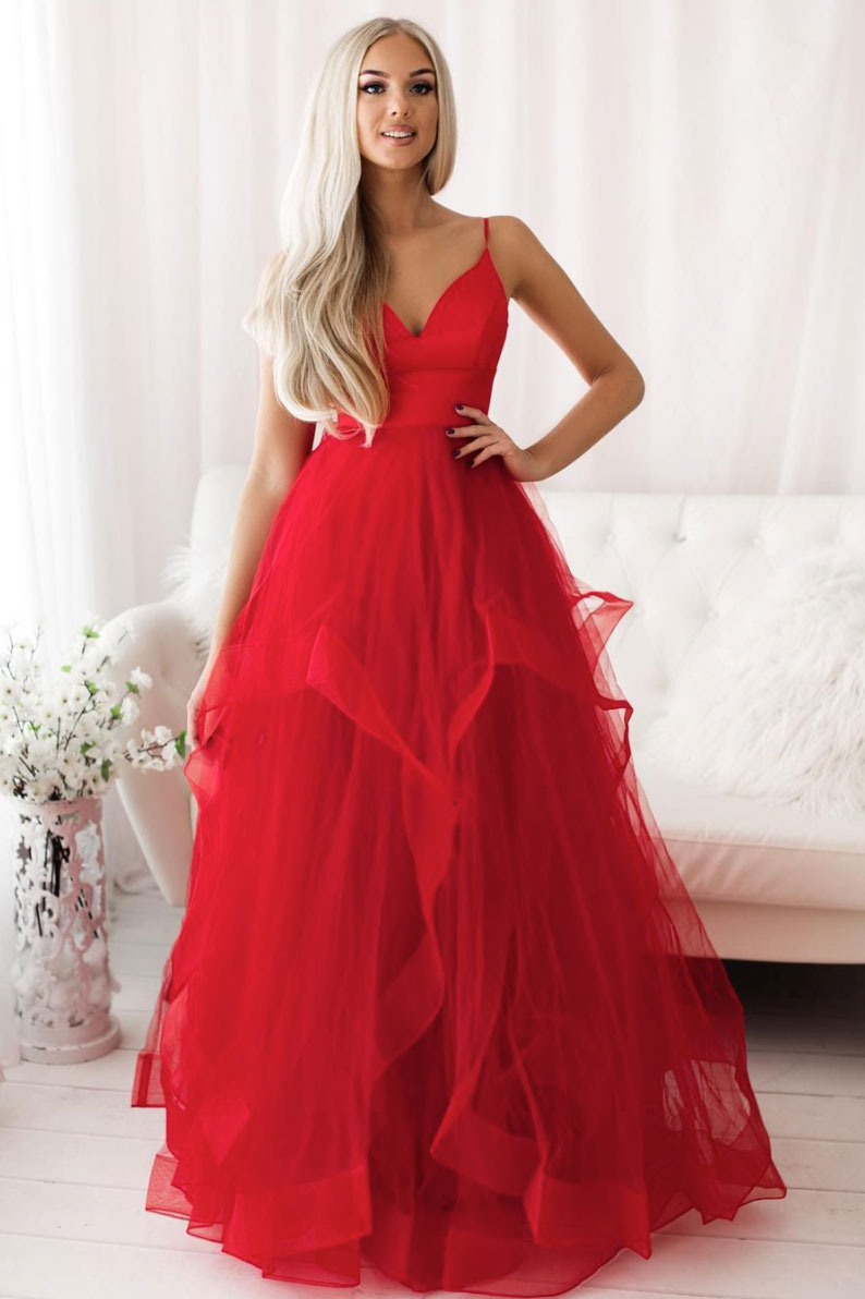 Red Prom Dress V Neck Tulle Long Evening Dress