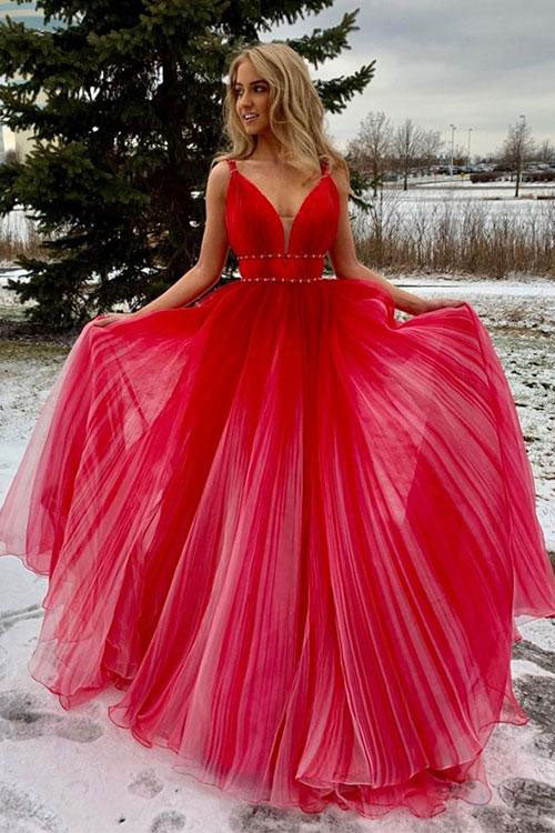 Red Prom Dress V Neck Tulle Long Evening Dress