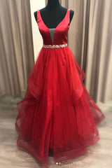 Red Prom Dress V Neck Tulle Long Formal Dress Evening Dress