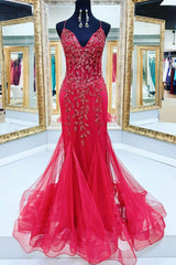 Red Prom Dress V Neck Tulle Sequin Beaded Mermaid Long Evening Dress