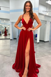 Red Prom Dress Velvet Plunge V Cross Back A Line Long Evening Dress