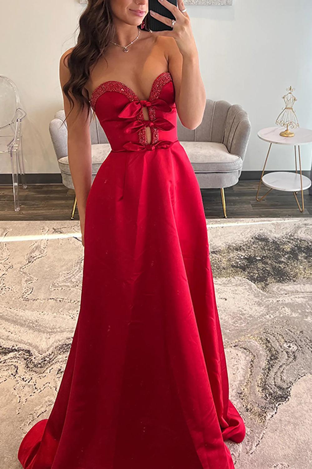 Red Satin Prom Dress Sweetheart A Line Long Formal Dress With Bows