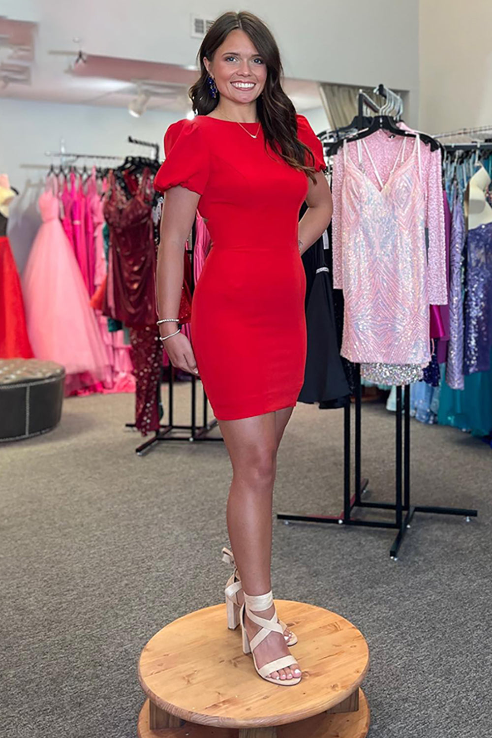 Red Short Sleeves Tight Homecoming Dresses Cocktail Dresses With Bow