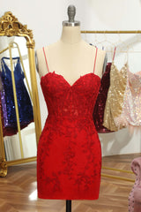 Red Spaghetti Straps Homecoming Dresses Short Tight Cocktail Dresses With Appliques