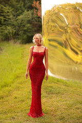 Red Square Neck Prom Dress Beaded Mermaid Formal Dress