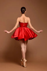 Red Strapless Homecoming Dress A Line Satin Short Cocktail Dresses with Bowknot