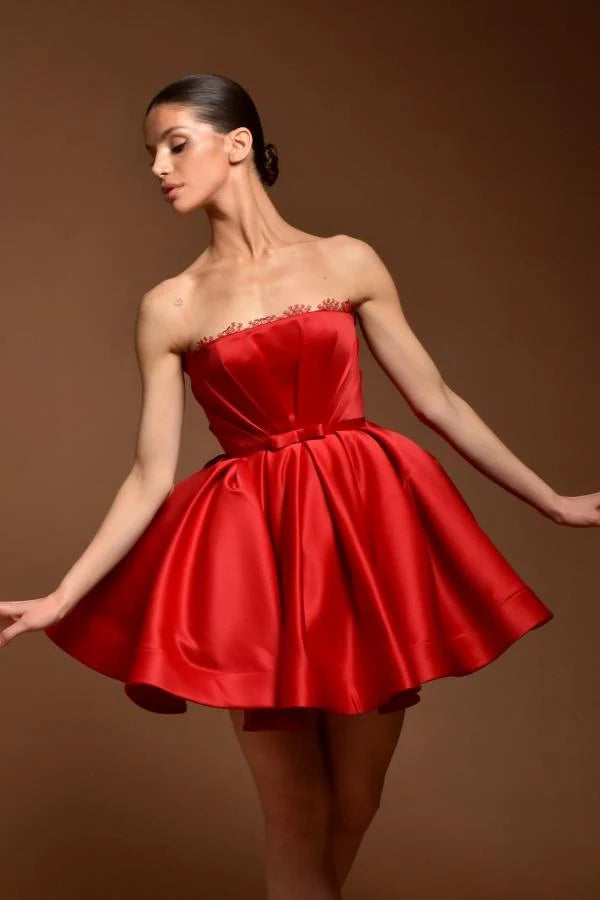 Red Strapless Homecoming Dress A Line Satin Short Cocktail Dresses with Bowknot